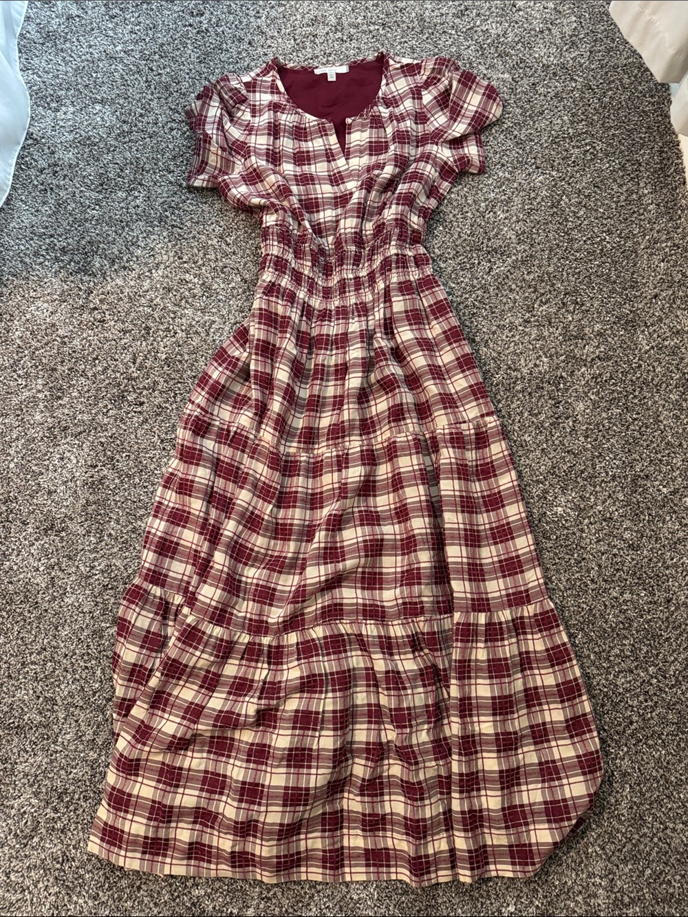 Casual Burgundy and Cream Plaid Maxi Dress with Gathered Waist